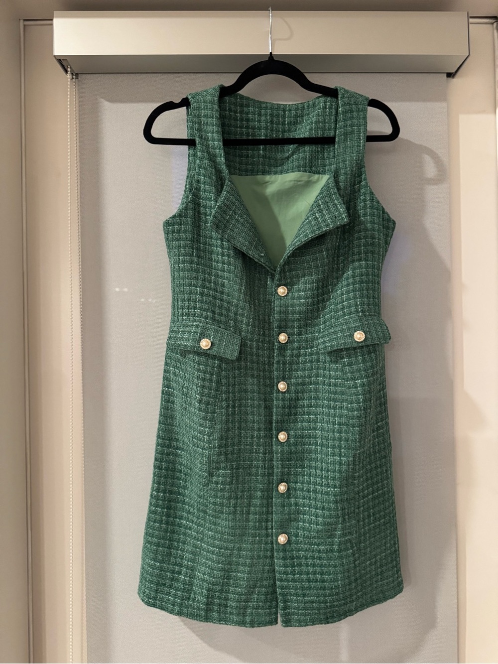 Green Tweed Button-Front Women's Dress